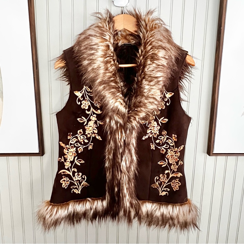 INC Y2K Brown Suede Vest with Fur Trim Gold Embroidery and Gens